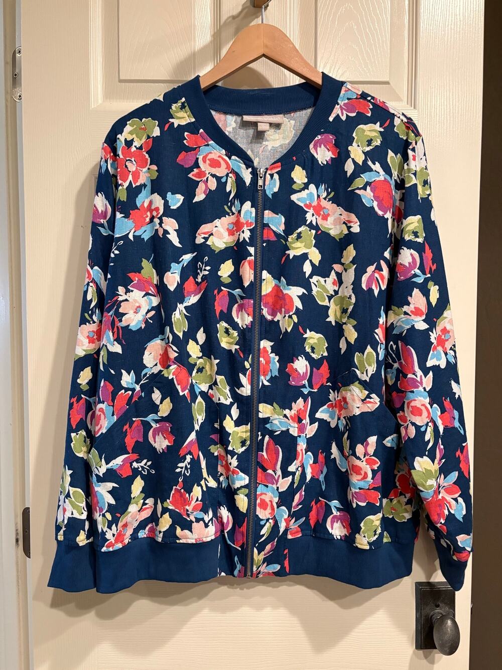 WOMAN WITHIN Navy Floral Linen Bomber Jacket Size 22 / 24 Casual Summer Layering